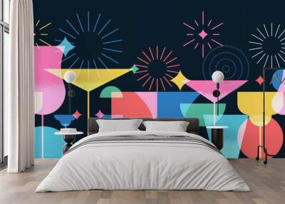 Night party banner, poster with colorful cocktails, fireworks. Vector illustration. Abstract geometric color design. Alcoholic, non-alcoholic drinks cocktail menu, bar elements on black background Wall mural