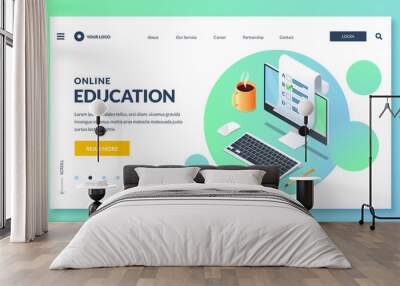 Online education and study. Landing page or banner design template. Vector 3d isometric illustration. Wall mural