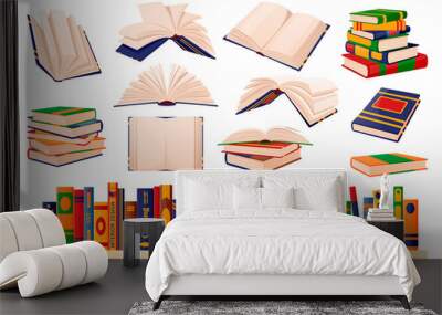 Paper books collection. Vector illustration. Learning and education icons set. Open and closed books on bookshelf Wall mural