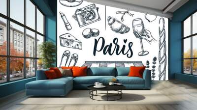 Paris symbols and design elements isolated on white background. Vector hand drawn sketch illustrations and calligraphy lettering. French fashion and food doodle icons set Wall mural