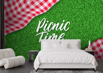 Picnic horizontal background. Vector poster or banner template with realistic red gingham plaid on green grass lawn Wall mural