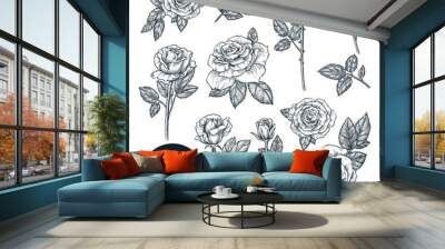 Roses flowers set, vector sketch illustration. Rose blossom, leaves and buds isolated on white background. Wall mural