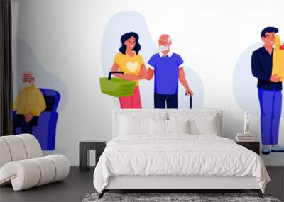 Senior person assistance. Set of vector flat cartoon illustrations. Support and care for elderly people. Social work, volunteering concept Wall mural