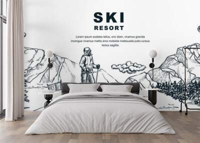 Ski resort banner. Skier on slope vector hand drawn sketch illustration. Winter background with mountains pine forest Wall mural