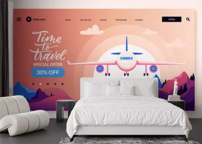 Time to travel banner, coupon or voucher design template. Airplane and calligraphy lettering. Vector plane illustration Wall mural