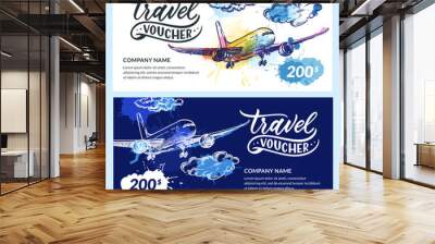 Travel gift card, voucher, certificate. Vector hand drawn watercolor sketch illustration of flying airplane and clouds Wall mural