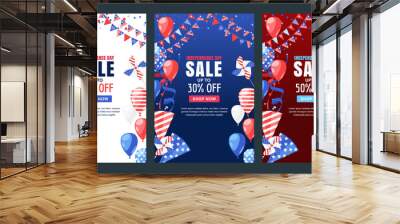 USA Independence Day. Sale vector banner. Holiday background with flag, air balloons, fireworks. 4 of July celebration Wall mural