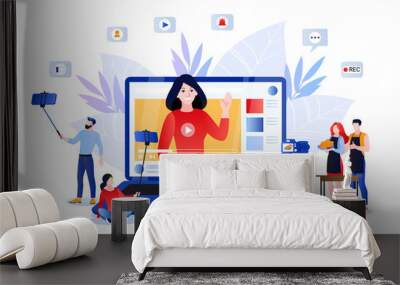 Vlog and video content creation for social networks. Vector illustration of lifestyle bloggers and influencers Wall mural