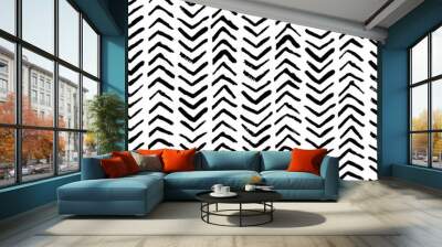 Watercolor herringbone stripes vector seamless pattern. Fashion textile print in black white hatch strokes Wall mural