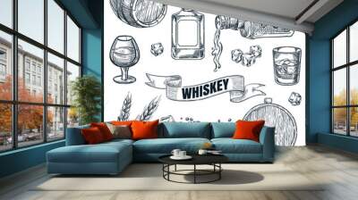 Whiskey icons collection. Glasses, bottle, barrel hand drawn elements for pub, bar menu. Vector sketch illustration Wall mural