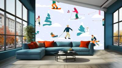 Winter seamless pattern with happy people skiing, skating and sledding. Vector flat cartoon Christmas fun background Wall mural