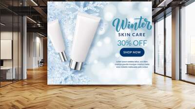 Winter skincare cosmetics. Vector realistic 3d illustration of cream package. Beauty store sale banner, poster design Wall mural