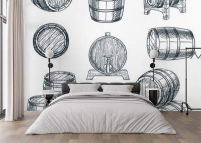 wooden barrels set. vector hand drawn sketch illustration. wine, beer, whiskey storage container on  Wall mural