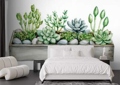 A charming arrangement of various succulents in a rustic wooden planter, accented with smooth stones, ideal for decor or gardening inspiration. Wall mural