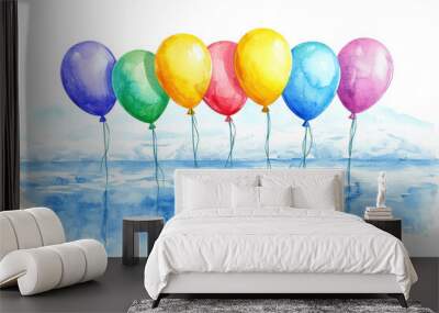 A colorful row of balloons reflecting on a surface, creating a cheerful and festive atmosphere. Wall mural