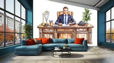 A confident man in a suit sits at a large wooden desk, surrounded by office items, plants, and decor, embodying a professional workspace. Wall mural