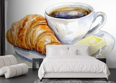 A cozy breakfast scene featuring a croissant, a cup of black coffee, and butter, perfect for a delightful morning. Wall mural