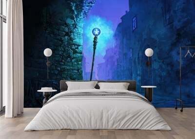 A misty alleyway at dusk, illuminated by an ethereal blue street lamp, surrounded by stone walls and a serene atmosphere. Wall mural