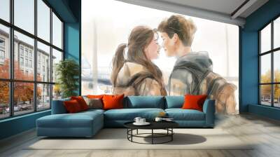 A romantic moment between two travelers at an airport, gazing into each other's eyes with joyful anticipation of their journey. Wall mural