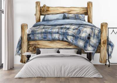 A rustic wooden bed with a blue plaid blanket and decorative pillows, highlighting a cozy and natural aesthetic for any bedroom. Wall mural