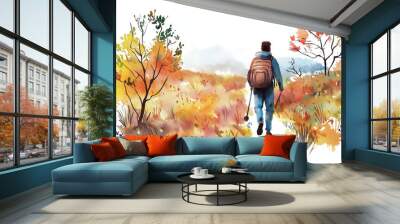 A serene autumn landscape with a hiker exploring colorful foliage. Perfect for nature and adventure themes. Wall mural