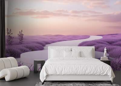 A serene lavender landscape at sunset with a winding path leading to a circular platform, evoking tranquility and beauty. Wall mural