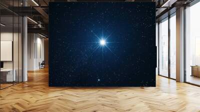 A single bright star shines in a dark night sky, surrounded by countless smaller stars.  The image evokes a sense of wonder and vastness. Wall mural