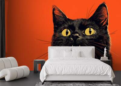 A striking illustration of a black cat with vivid yellow eyes against a bold orange background, capturing curiosity and mystery. Wall mural