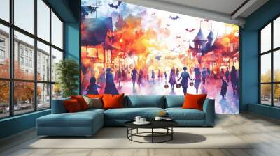 A vibrant Halloween scene depicting children in costumes, pumpkins, and autumn leaves in a festive atmosphere. Wall mural