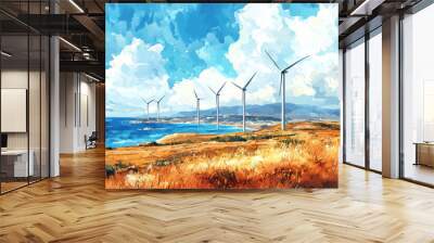 A vibrant landscape showcasing wind turbines along a coastal view, with rolling hills and dramatic clouds reflecting renewable energy and natural beauty. Wall mural