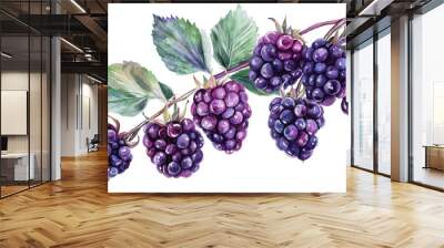 A vibrant watercolor depiction of ripe blackberries on a branch with lush green leaves, perfect for food and nature themes. Wall mural