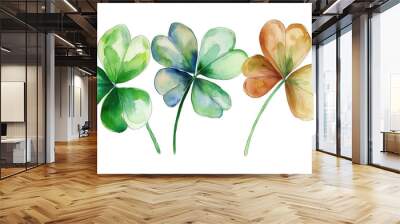 A vibrant watercolor illustration of three shamrock leaves in shades of green and orange, perfect for nature-themed designs. Wall mural