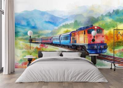 A vibrant watercolor painting of a train traveling through a scenic landscape of mountains and colorful foliage. Wall mural