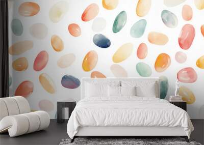 A vibrant watercolor pattern featuring colorful, smooth oval shapes on a clean white background, perfect for spring designs. Wall mural