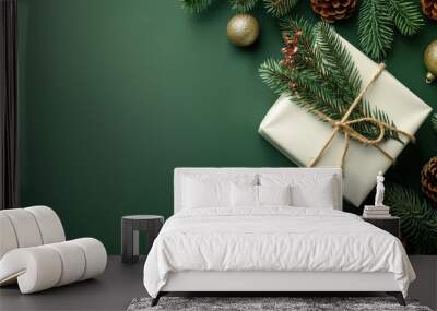 A white gift box with twine and pine sprigs, surrounded by pine branches, cones, and gold ornaments on a green background. Wall mural