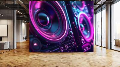 Close-up of a speaker with glowing neon lights, creating a vibrant and dynamic visual. Wall mural