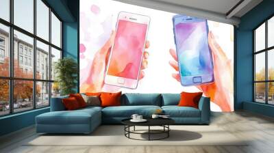 Colorful watercolor illustration of hands holding smartphones, symbolizing communication and technology in a creative way. Wall mural