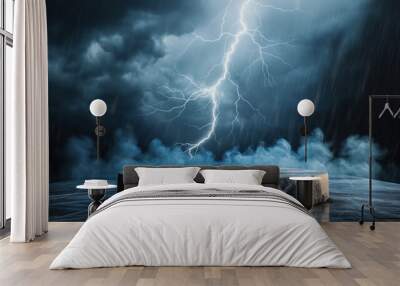 Dramatic product display with stone podium, lightning strike, and rain. Perfect for showcasing dark and powerful products. Wall mural