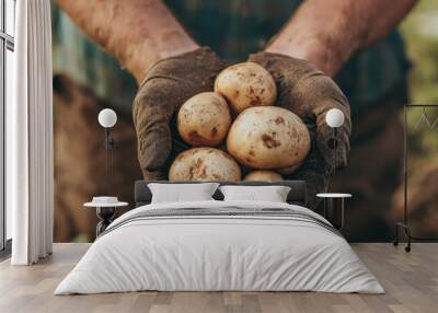 Freshly harvested potatoes held in hands, showcasing rural farming and the joy of agriculture. Wall mural