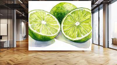 Freshly sliced limes showcasing vibrant green color and juicy texture, perfect for culinary and beverage presentations. Wall mural