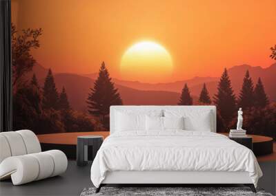 Stunning sunset landscape with a circular platform, surrounded by trees and mountains, creating a serene and inviting atmosphere. Wall mural