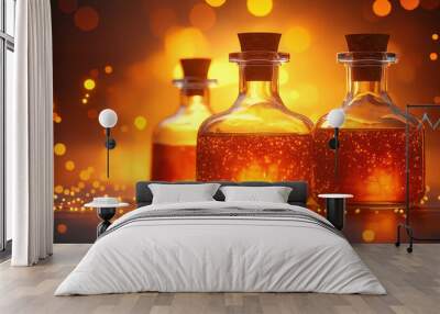 Three elegant glass bottles filled with glowing amber liquid, surrounded by enchanting bokeh light, perfect for mystical themes. Wall mural