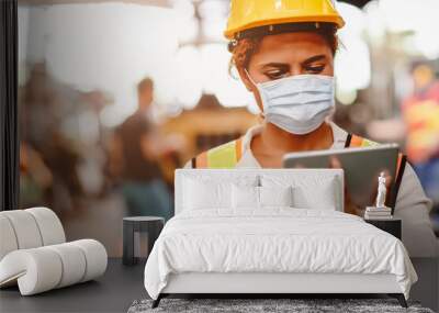 African American black women teen worker wearing face shield or disposable face mask during working in factory for prevent spreading of Coronavirus(Covid-19) and air dust pollution for labor healthy. Wall mural