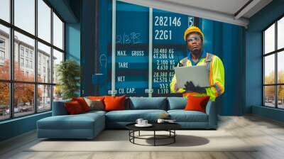 African male dock worker control loading containers cargo at warehouse container shipyard. Marine and carrier staff employee. cargo loading operator shipping export logistics ship yard. Wall mural