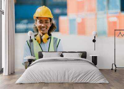 African teen black woman worker work in port cargo shipping portait happy smile with copy space Wall mural