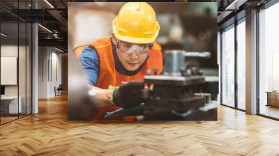 Asian Chinese engineer worker wearing safety suit helmet and eyes protection glasses focus at work inspection and checking production process on factory. Wall mural