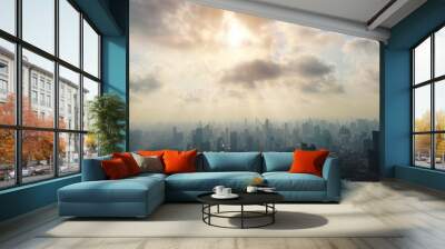 brightness heaven sky sun light rays above city metro building morning day landscape wide panoramic for banner background Wall mural