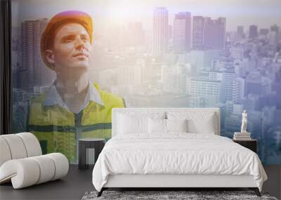 Civil engineer male overlay modern city metro for urban land estate development people worker concept Wall mural