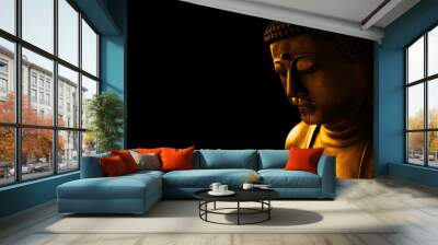 closeup face of zen stone art buddha in dark for background asian way tranquil of meditation and rel Wall mural