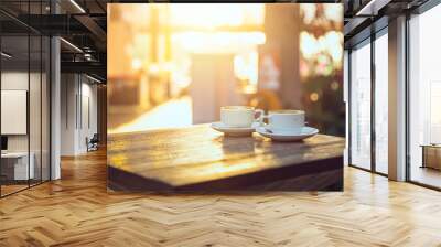 coffee in the morning, two cup of espresso on wood table in cafe or coffeeshop. Wall mural